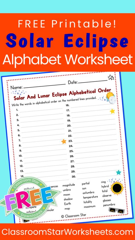 Alphabetical Order Activities, Alphabetical Order Worksheets, Eclipse Activities, Solar And Lunar Eclipse, 2024 Eclipse, Solar Eclipses, Eclipse 2024, Alphabetical Order, Kindergarten Literacy