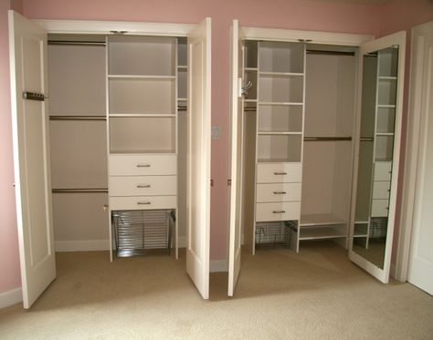 Small Double Closet Ideas, Double Bifold Closet Organization, Double Reach In Closet Ideas, Closet Door Organization, Double Closet Door, Diy Closets, Door Organization, Restroom Ideas, Double Closet Doors