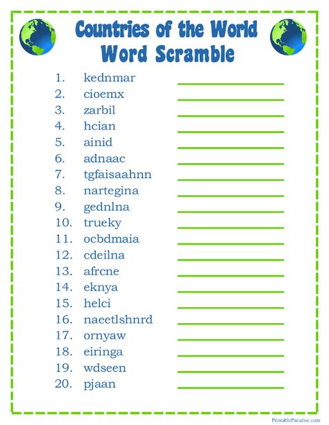 Printable Countries of the World Word Scramble Game Anagram Words, Word Puzzles For Kids, World Quiz, Jumbled Words, Unscramble Words, Scramble Words, Scramble Game, Social Studies Worksheets, Answer Sheet