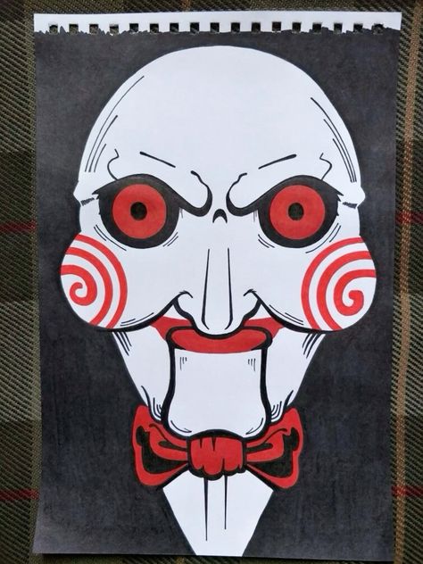 Billy Jigsaw Tattoo, Trippy Clown Drawing, Scary Movie Sketches, Saw Painting Ideas Horror, Billy The Puppet Drawing, Saw Decorations Halloween, Jigsaw Drawing Horror, Jigsaw Canvas Painting, Jigsaw Nail Art