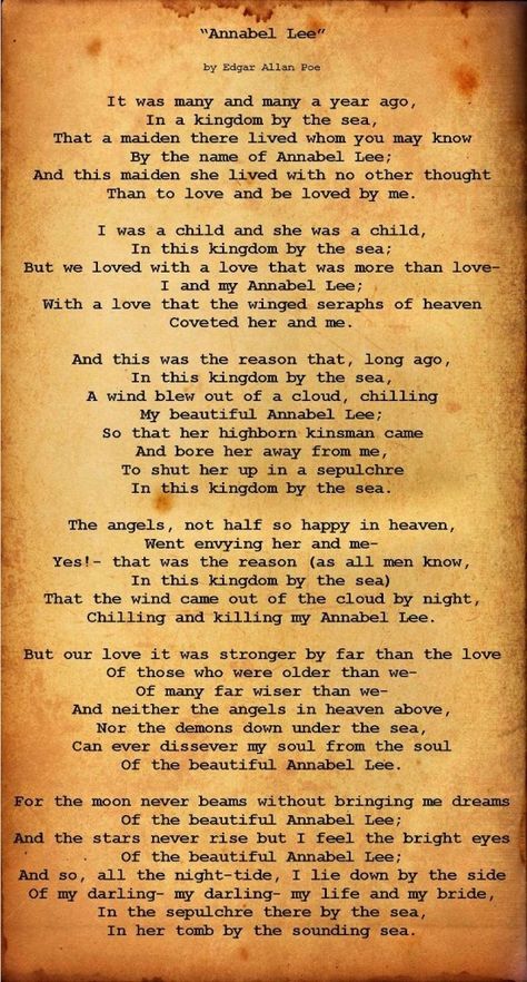 Annabel Lee by Edgar Allan Poe. Annabelle Lee Poem, Spring Valley Vitamins, Hannah Leigh, How To Be Healthy, Favorite Poems, Poe Quotes, Annabel Lee, Edgar Allen, Allen Poe