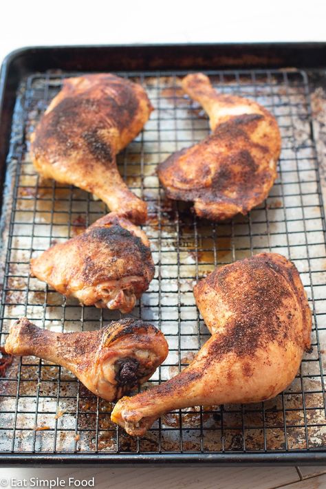 This easy bone in, skin on chicken leg ( thighs and drumsticks) is crispy and juicy.  It's dry rubbed with a homemade spice mix and oven baked or roasted at 425 for ~45 minutes. #glutenfree #dairyfree #whole30 #paleo #keto Chicken Leg Thigh Attached Recipes, Chicken Thigh And Drumstick Recipes Ovens, Baked Chicken Thighs And Legs Bone In, Baked Chicken Thighs Bone In Skin On, Chicken Legs In Oven, Chicken Legs And Thighs, Roasted Chicken Leg Quarters, Chicken Thighs And Drumsticks, Baked Bone In Chicken