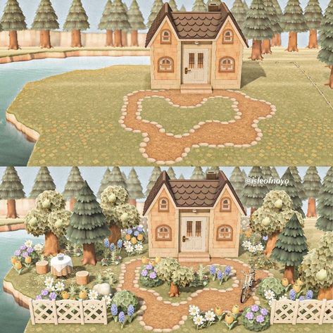 Made by unknown Happy Island Designer Ideas, Animal Crossing School Names, Maison Animal Crossing New Horizon, Acnh Designs Paths, Acnh Island Design Ideas, Cottage Core Animal Crossing, Animal Crossing Design, Acnh House, Cottagecore Animal Crossing