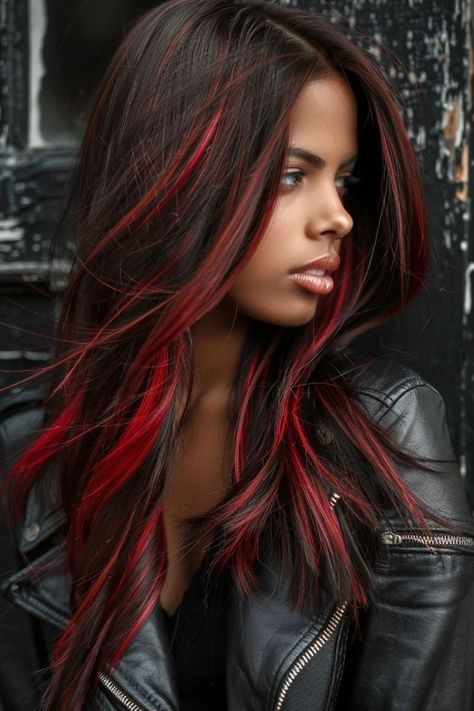 Color Streaks In Brown Hair, Red Hair With Brown, Red Streaks In Brown Hair, Brown Hair With Red, Red Hair Streaks, Brown Hair Trends, Vibrant Red Hair, Red Hair Inspiration, Cherry Red Hair