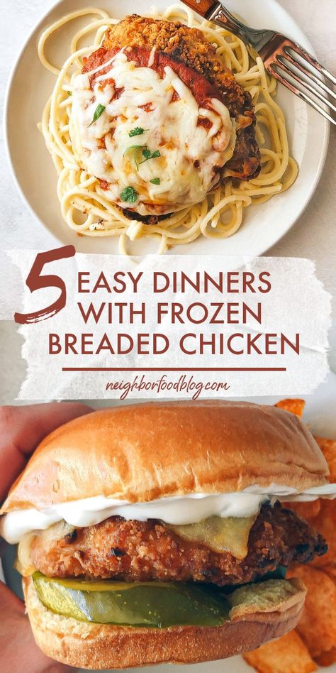 Make an amazing dinner tonight with frozen breaded chicken breasts! These 5 easy dinner ideas use this freezer shortcut to make incredibly quick, simple, and delicious dinners the whole family will love! Chicken Patty Meal Ideas, Frozen Chicken Tender Dinner Ideas, Frozen Chicken Strip Dinner Ideas, Weekday Dinner Ideas, Chicken Tenders Dinner, Chicken Patty Recipes, Breaded Chicken Strips, Skinnyish Dish, Chicken Strip Recipes