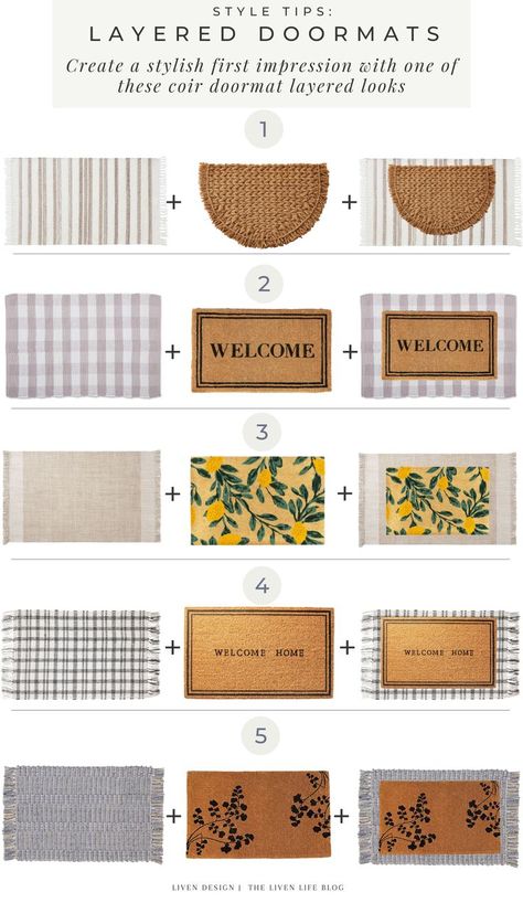 Layered doormat looks. Spring doormats. spring welcome mats. how to layer coir doormats. design style tips. half moon coir doormat. woven accent outdoor rug. buffalo plaid check rug. neutral rug. front entry. spring front door. spring front porch. curb appeal. welcome door mat. modern doormat. blue woven front door rug. beige outdoor door mat. lemon print. floral coir doormat. woven coir doormat #home #styletips #homedecortips #interiordesign #frontdoor #coir #doormat Layered Doormat, Porch Curb Appeal, Outdoor Rug Porch, Front Porch Curb Appeal, Apartment Front Doors, Front Porch Mat, Spring Doormats, Check Rug, Modern Doormats