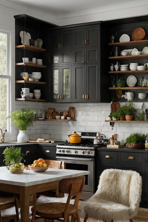 What’s your favorite way to use black and white in a kitchen? - West Pear Interiors Black Cottage Kitchen, Black And Natural Wood Kitchen, Black And White Kitchen Design, White Kitchen Wall Tiles, White Kitchen Design Ideas, Bungalow Designs, Natural Wood Kitchen, Small Bungalow, Black White Kitchen