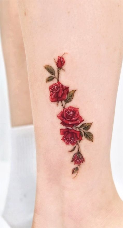 Ivy With Flowers Tattoo, Red Rose Tattoos For Women, Dark Red Rose Tattoo, Rose Color Tattoo, Color Tattoo Flower, Rose Thorn Tattoo, Tattoos Roses, Wrap Around Ankle Tattoos, Rose Vine Tattoos