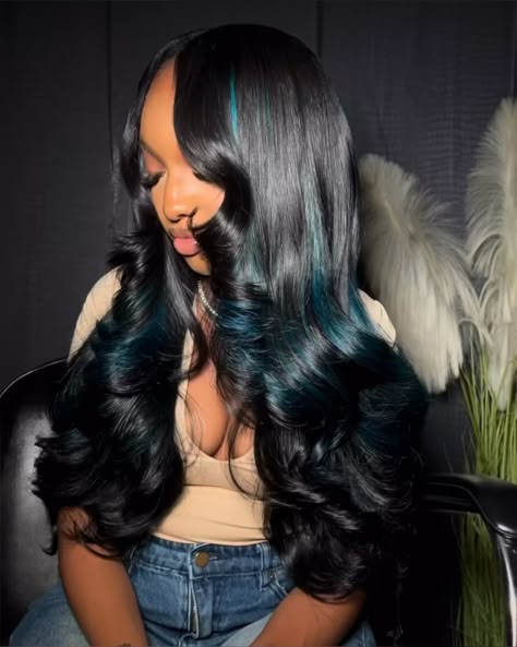 Sew In With Blue Highlights, Black Wig With Blue Highlights, Wigs With Blue Highlights, Black Hair With Highlights Blue, Middle Part Water Wave Wig, Blue Deep Wave Wig, Highlights Blue Hair, Blue Highlights In Black Hair, Lace Wig Hairstyles