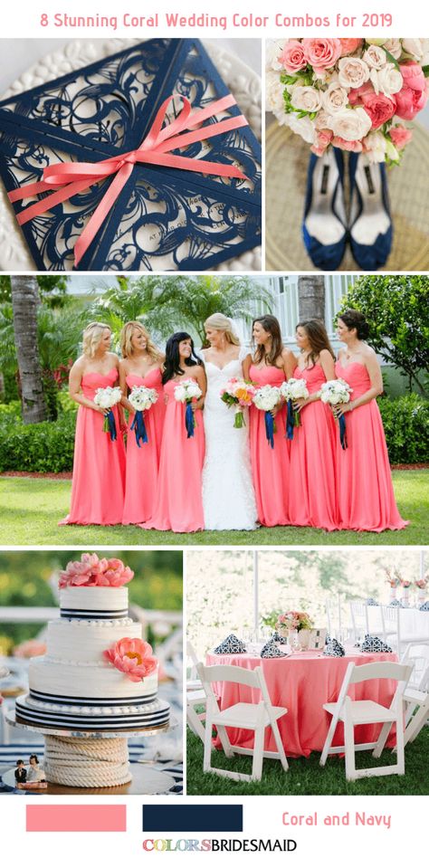 8 Stunning Coral Wedding Color Combos for 2019 - Coral and Navy. Coral bridesmaids dresses and tablecloth, navy shoes and invitation, white wedding cake dotted with navy sash and coral flowers, all these will make your wedding stunning! #colsbm #weddings #weddingideas #bridesmaiddresses #coralwedding b1160 Navy Blue And Coral Wedding, Bridesmaid Colours, Turquoise Coral Weddings, Watermelon Wedding, Coral Wedding Colors, Navy Wedding Colors, Coral Wedding Flowers, Coral Bridesmaid, Wedding Navy