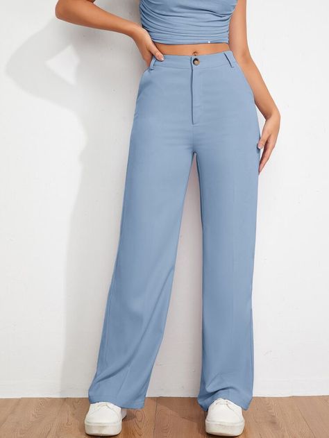 Petite Styling, Women Trousers Design, Light Blue Pants, Crop Top Jacket, Trendy Pants, Cheap Pants, Trouser Design, Women Bottoms, Fasion Outfits