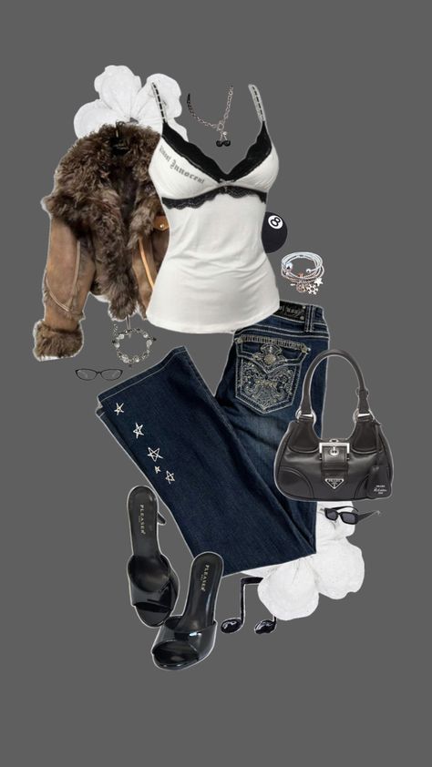 2000s outfit, 00s, y2k, jeans, bootcut, bootcut jeans, fur jacket, cami, lace cami, white cami, prada, kitten heel, sunglasses, silver, silver jewellery Bootcut Jeans Outfit, 2000s Outfit, Sunglasses Silver, White Cami, Y2k Jeans, Jeans Outfit, Jeans Bootcut, Lace Cami, Kitten Heel