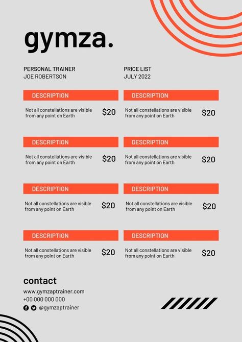 Personal Trainer Price List Design, Personal Trainer Price List, Graphic Design Price List Layout, Price List Graphic Design, Gym Price List Design, Price List Design Ideas Layout, Pricelist Design Templates Free, Price List Design Graphics, Graphic Design Price List