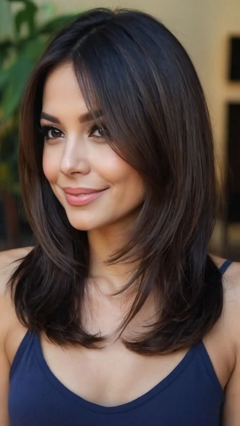 Her Cut Style Girl, Mid Length Hair With Layers Blowout, Short Hair Thick Straight, Mid Hair Length With Bangs, Mid Length Hairstyle Women Fine Hair, Pretty Haircuts Medium Straight Hair, Straight Layered Bob Haircut, Straight Haircut Medium Length, Soft Layers With Wispy Bangs