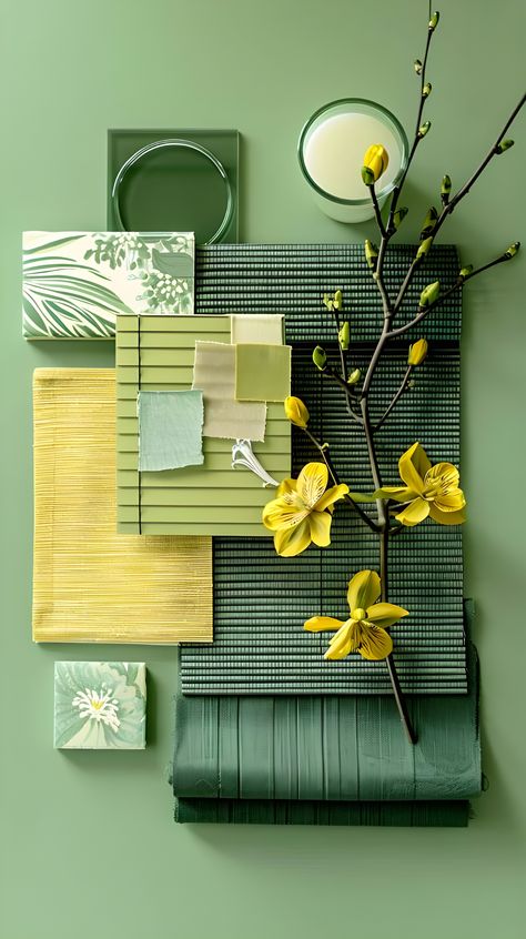 Spring mood board in greens and yellows, inspired by nature's hues for your home decor. Natural Green Colour Palette, Yellow And Green Mood Board, Green Mustard Wallpaper, Kitchen Blinds Ideas, Roman Blinds Green, Mustard Tropical Wallpaper, Fitted Blinds, Color Palette Yellow, Spring Mood