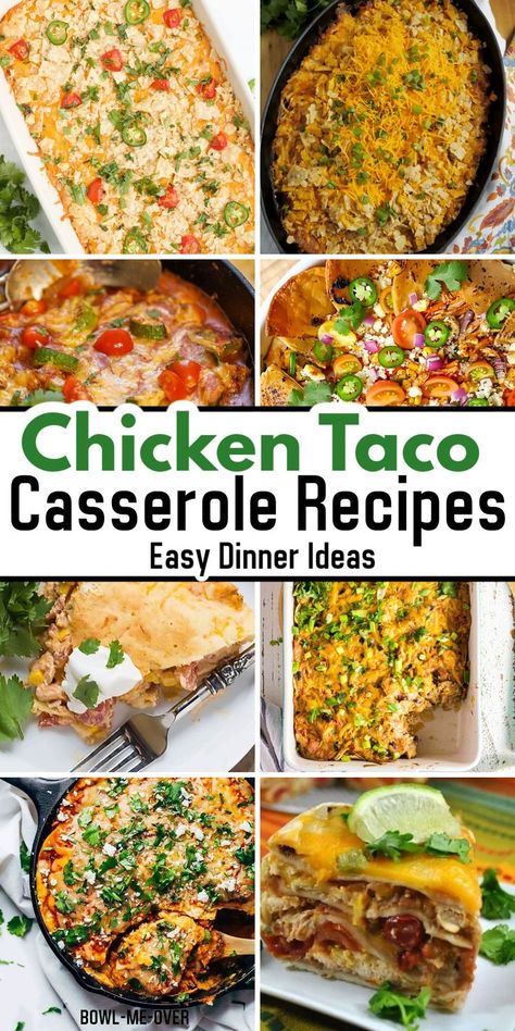 8 images of chicken taco casserole recipes with Pinterest overlay. Canned Chicken Taco Casserole, Easy Chicken Taco Casserole, Ground Chicken Taco Casserole, Chicken Taco Casserole Recipes, Chicken Taco Bake Casserole, Chicken Taco Bake, Taco Casserole Recipes, Easy Chicken Casserole, Chicken Tortilla Casserole