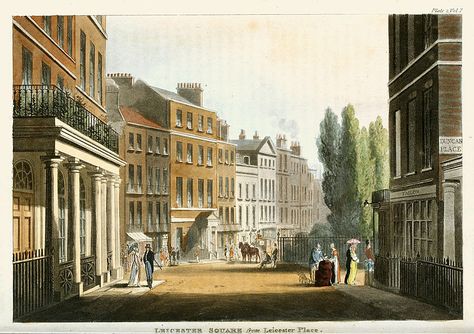 A view of Leicester Square in London, from Ackermann's Repository of Arts, 1812. Georgian London, Regency London, Historical London, Regency England, Mayfair London, London Shopping, London History, Leicester Square, Regency Era