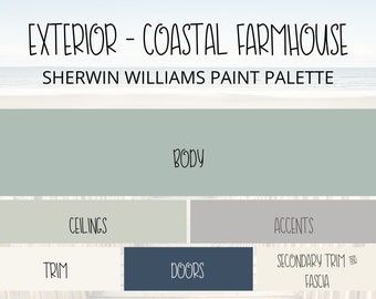 Coastal Blue Exterior House Colors, Oyster Bay Exterior House Paint, Coastal Farmhouse Exterior Paint Colors, Modern Coastal Exterior Paint Colors, Farmhouse Outdoor Paint Colors, Coastal Cottage Exterior Paint Colors, Sherwin Williams Exterior Paint Colors For House, Exterior Coastal House Colors, Stucco Exterior Colors Farmhouse