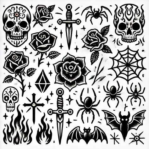 Pumpkin Skull Tattoo, Spooky Patchwork Sleeve, Friday The 13th Tattoo Ideas, Spooky Tattoo Flash, Traditional Black And Grey Tattoos, Small Filler Tattoo Ideas, Spooky Traditional Tattoo, American Traditional Skull, Small Traditional Tattoo Fillers