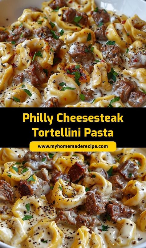 This Philly Cheesesteak Tortellini Pasta is a cheesy, flavorful fusion of two favorites! With tender steak, cheesy tortellini, and a savory sauce, it’s an irresistible dinner idea for busy nights. Beef And Peppers, Unique Pasta Dishes, Cheesy Dinner, Cheesy Tortellini, Unique Pasta, Steak Pasta, Unique Dinner, Pasta Easy, Tortellini Recipes