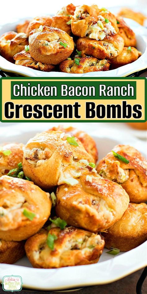 These quick and easy Chicken Bacon Ranch Crescent Bombs are made for game day snacks and casual meals. #chickenbaconranch #chicken #chickenrecipes #bacon #ranchdressing #crescentrolls #crescentbombs #crescentrollrecipes #rotisseriechickenrecipes via @melissasssk Chicken Bacon Ranch Pockets, Chicken Bacon Ranch Hot Pockets, Chicken Bacon Ranch Biscuits, Pillsbury Cheesy Chicken Bacon Ranch Crescent Rolls, Chicken Bacon Ranch Rolls, Chicken Bacon Ranch Bites, Chicken Bombshell, Chicken Bacon Ranch Crescent, Food Recipes Cheese