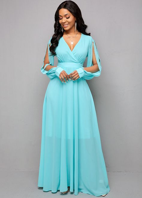 Elegant Spring Dresses, Chifon Dress, V Neck Maxi Dress, Latest Dress For Women, Fashion Dresses Online, Dress With Sleeves, African Design Dresses, African Fashion Dresses, Maxi Dress With Sleeves