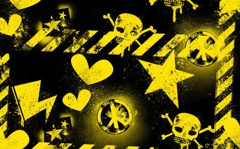 Yellow Emo Aesthetic, Scene Twitter Header, Punk Wallpaper Laptop, Alt Backgrounds, 2000s Emo Aesthetic, Emo Backgrounds, Yellow Y2k, Punk Wallpaper, Scene Aesthetic