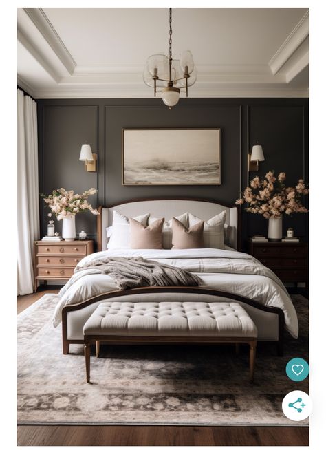 Black Fox Bedroom, Dark Brown And Gold Master Bedrooms, Madter Bed, Updated Bedroom Ideas, Moody French Country Bedroom, Transitional Primary Bedroom, Master Bedrooms Grey, Dark Wood Floor Bedroom, Master Bedrooms Cozy