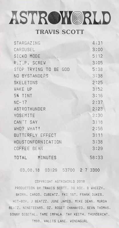 Receipt Album Cover, Album Receipts Drake, Astroworld Receipt, Music Album Receipts, Song Receipts, Music Receipt, Album Receipts, Travis Scott Album, Album Receipt