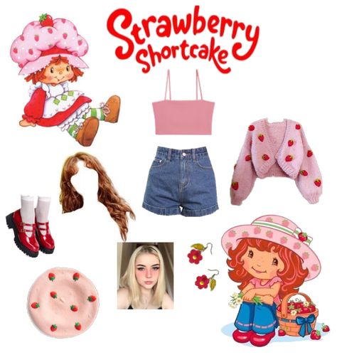 How To Dress Like Strawberry Shortcake, Pink Character Costumes, Strawberry Shortcake Diy Costume, Strawberry Shortcake Halloween Costume College, Strawberry Shortcake Outfit Inspiration, Strawberry Shortcake Aesthetic Outfit, Diy Strawberry Shortcake Costume, Halloween Costumes Strawberry Shortcake, Strawberry Shortcake Inspired Outfit