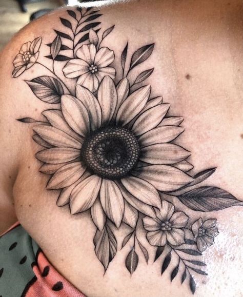 Sunflower Tattoo With Shading, Sunflower Tattoo Designs For Women, Women's Tatoos Ideas For Women, Sunflower Tattoo Lower Back, Sunflower Tattoo On Chest, Realism Feminine Tattoo, Blackwork Sunflower Tattoo, Sun Flower Tattoos For Women, Super Unique Tattoos