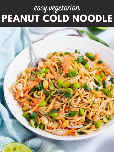 Packed with tangy flavors and a deliciously creamy peanut sauce, this cold peanut noodle salad is so easy to make! This recipe is perfect as a side salad or main dish, and it's vegan & gluten-free optional. Cold Peanut Noodles, Peanut Noodle Salad, Peanut Sauce Noodles, Noodle Salad Cold, Veggie Spring Rolls, Peach Kitchen, Vegetarian Salad, Vegetarian Meal Prep, Peanut Noodles