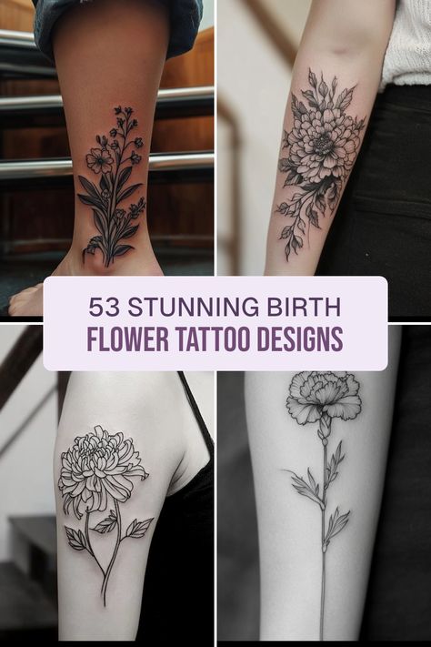 Looking for a unique way to commemorate your birth month or honor loved ones? Check out these 53 beautiful birth flower tattoo ideas! Each design carries its own meaning, celebrating everything from April's daisy to September's aster. With options ranging from delicate minimalist tattoos to vibrant and intricate floral artwork, there's something for everyone. Feel sentimental or showcase your personality with these personalized floral tattoos that encapsulate your connection to nature and personal stories. Which one will you pick? Birth Flower Bouquet Tattoo Wrist, Birth Flower For November, Birth Flower Tattoo With Name In Stem, Crysamthmum Flower Tattoo Design, Birth Month Flower Tattoos Ideas, Birth Flower Tattoos Placement Arm, February And July Birth Flower Tattoo, April And May Birth Flower Tattoo, Narcissus And Holly Flower Tattoo