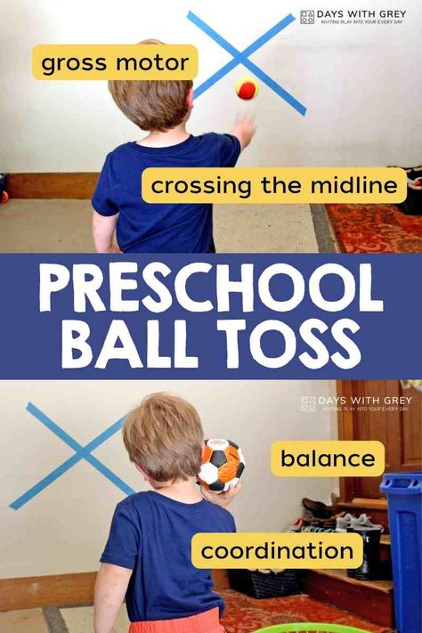 Preschool ball toss is a fun rainy-day activity for preschoolers. Grab the bouncy balls and toss them to improve gross motor skills! Ball Games For Preschoolers, Ball Activities For Preschoolers, Aba Activities, Fun Rainy Day Activities, Activity For Preschoolers, Diy Preschool, Wee Folk, Indoor Games For Kids, Outdoor Game