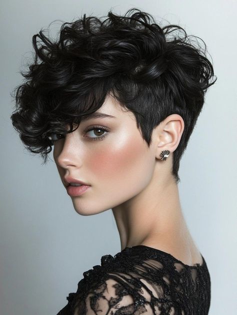 Bold and Beautiful: Short Curly Asymmetrical Hairstyle Inspiration Short Curly Haircuts Shaved Sides, Undercut Curly Hair Woman, Short Haircut Curly Hair, Short Curly Hairstyle Women, Curly Hair Pixie Cut, Short Haircuts Curly Hair, Curly Asymmetrical, Short Haircuts Black Hair, Short Curly Pixie Cut