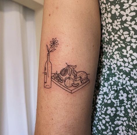 Basket Of Fruit Tattoo, Dinner Tattoo, Picnic Tattoo, Still Life Tattoo, Table Tattoo, Food Tattoo, Aesthetic Tattoo Ideas, Tattoos Instagram, Unique Tattoo Ideas