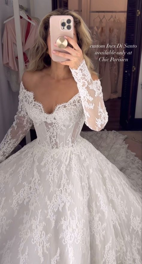 Princess Inspired Wedding Dresses, Princess Sleeve Wedding Dresses, Basque Waist Ball Gown Wedding Dress, Old Money Wedding Dress Lace, Lace Basque Waist Wedding Dress, Gabrielle Caunesil Wedding, Vintage Italian Wedding Dress, Lace Ballgown Wedding Dress, Chantilly Lace Wedding Dress