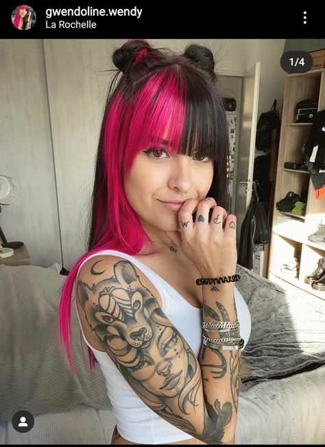 Love space buns | name on the picture #hairstyle #hairstyles #hair #celeb Emo Space Buns, Jessie Mei Li, Space Buns, Inked Babes, Grown Women, Emo Girls, Hairstyles With Bangs, Polynesian Tattoo, Women Girl