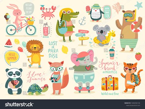 Animals hand drawn style, Summer set - motivation calligraphy and other elements. Vector illustration.style#Summer#drawn#Animals Motivation Calligraphy, Cartoon Summer, Stencil Printing, Michael Johnson, Kids Clipart, Summer Set, Animal Faces, Kids Play, Face Design