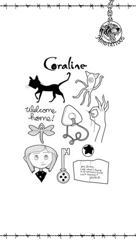 Small Coraline Tattoo Simple, Coraline Flash Sheet, Coraline Tattoo Design, Coraline Drawing Ideas, Coraline Cat Drawing, Simple Coraline Tattoo, Coraline Cat Tattoo, Coraline Christmas, Horror Jacket