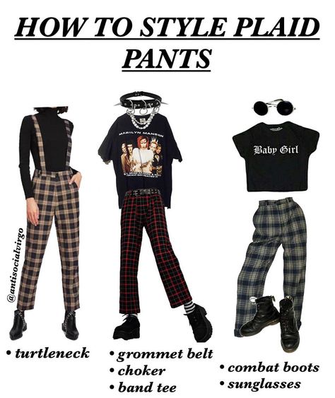 plaid pants are basically the edgier version of artsy girl's mom jeans How To Style Plaid Pants, Types Of Clothes, Looks Hippie, Checked Pants, Artsy Girl, Goth Outfit, Hipster Outfits, Plaid Fashion, Plaid Pants