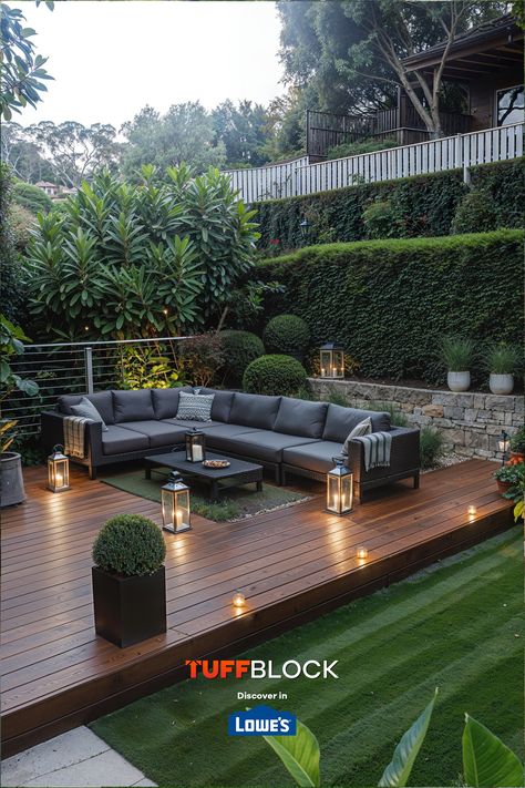 stunning floating deck with outdoor furniture and lush green grass Platform Deck Ideas, Tuffblock Deck, Low Profile Deck, Cozy Yard, Build A Floating Deck, Deck Blocks, Backyard Deck Ideas, Building A Floating Deck, Build A Deck