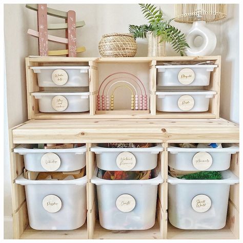 Scandi Toy Storage, Childrens Room Toy Storage, Small Boho Playroom, Smart Toy Storage, Ikea Trofast Labels, Kids Ikea Desk, Trofast Corner, Childrens Play Area In Living Room, Living Room Designs Ikea