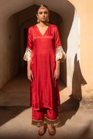 Shop for Avaasya Jaipur Red Gajji Silk Sleeve Embellished Kurta And Pant Set for Women Online at Aza Fashions Gajji Silk Kurta Designs, Gajji Silk Kurta, Red Kurta, Silk Kurta, Kurta With Pants, Red Barns, Kurta Designs, Pants Design, Pant Set