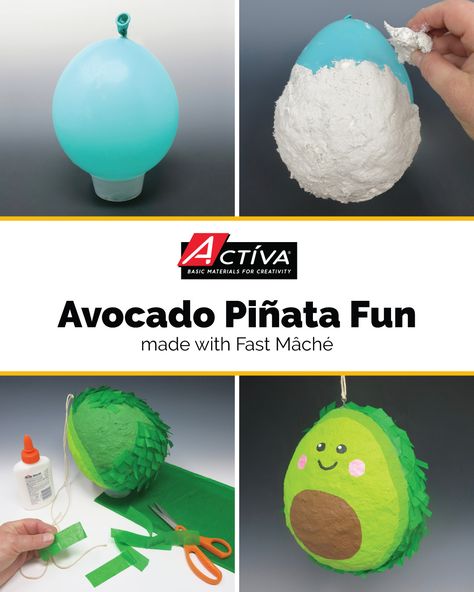 Avocado Pinata Fun made with Fast Mache! https://www.activaproducts.com/avocado-pinata-fun Avocado Pinata, Bowl Craft, Green Moon, Drinks Tray, Colored Sand, Plaster Molds, Eye Hook, Papel Mache, Earthenware Clay