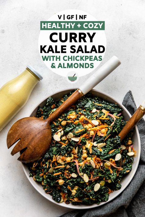 This Curry Kale Salad is hearty, wholesome, and packed with flavor - making it a great side or main! Vegan, Grain Free, and Nut Free #kalesalad #currysalad #vegansalad #grainfree #oilfree | frommybowl.com Simple Soups, Kale Salads, Salad Recipes Healthy, Pantry Meals, Salad With Chickpeas, Quick Pickled Red Onions, Kale Quinoa Salad, Brassica Oleracea, Paleo Sides