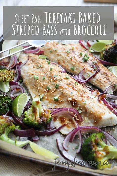 Sheet Pan Teriyaki Baked Striped Bass & Broccoli | Jenny Shea Rawn Striped Bass Recipe, Cape Cod Kitchen, Haddock Recipes, Chowder Recipes Seafood, Crusted Tilapia, Trout Recipes, Tilapia Recipes, Cod Recipes, Homemade Teriyaki Sauce