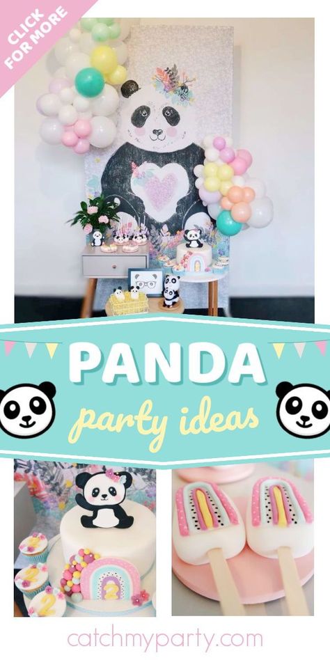 Panda Themed Birthday Party, Rainbow Panda Birthday Party, Panda Themed Party Food, Panda Theme 1st Birthday Party, Panda Birthday Theme Decoration, Birthday Panda Decoration, Birthday Party Meals, Panda Birthday Theme, Panda Cakes For Girl