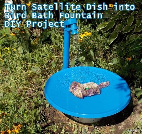 How to Turn Satellite Dish into Bird Bath Fountain DIY Project is a recycled re-purposed water feature for your garden, outdoor patio or part of landscape Diy Satellite, Bath Pond, Unique Bird Baths, Bird Baths Homemade, Fountain Diy, Diy Bird Bath, Bird Bath Fountain, Diy Fountain, Bird Bath Garden