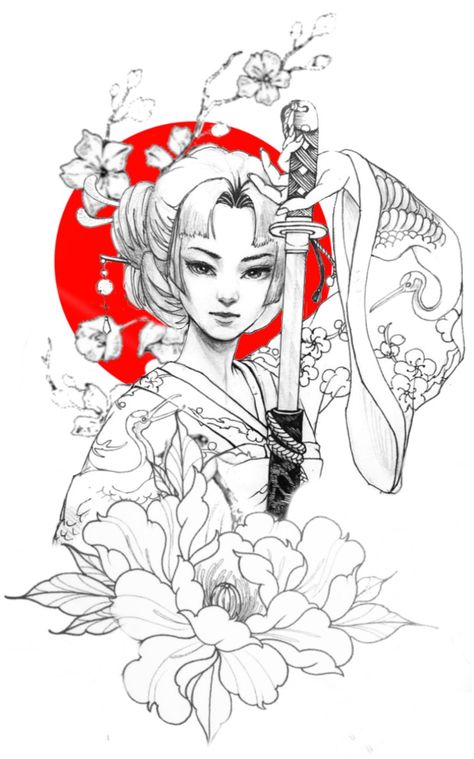 Female Samurai Tattoo, Japanese Forearm Tattoo, Female Samurai Art, Small Nature Tattoo, Japanese Geisha Tattoo, Geisha Drawing, Japanese Warrior Tattoo, Tattooed Girl, Samurai Tattoo Design